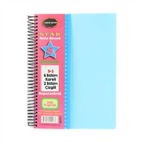 DEFNE STAR AYRAÇLI DEFTER A4 5+3 PP KAPAK SPİRALLİ 200 YP DFN-2220