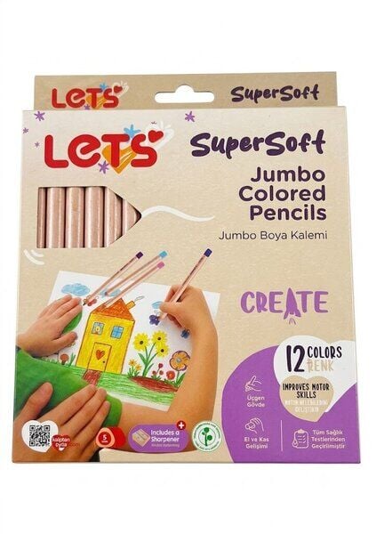 LETS 12 RENK JUMBO BOYAMA KALEMİ ÜÇGEN GÖVDE SUPER SOFT