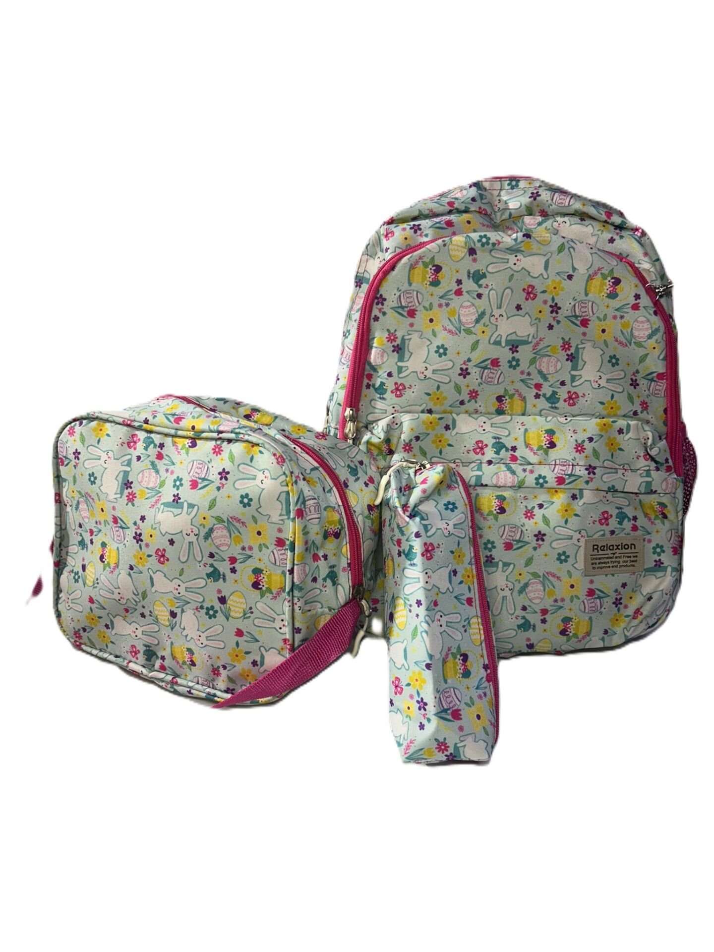 Relaxion 3'lü Çocuk Okul Seti – Tavşan Desenli Pembe Sırt Çantası, Beslenme Çantası ve Kalemlik